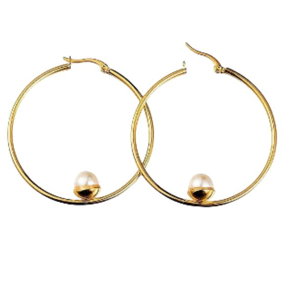 2 Inch 50mm Thin Hoop Pierced Post Earrings Gold Tone - Picture 3 of 5